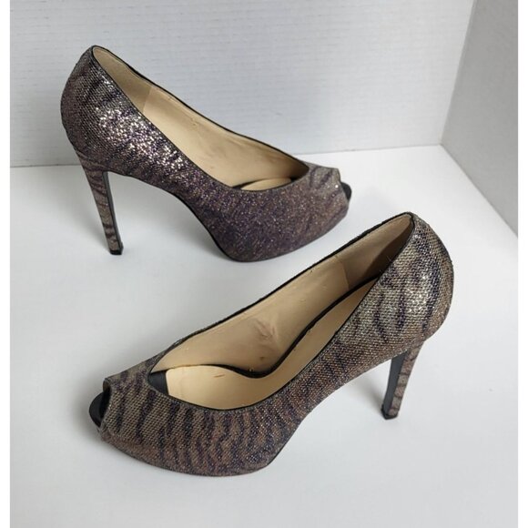 Guess Womens Glitter Peep Toe Metallic Animal Print Stiletto Heels Size 9M - Picture 1 of 13